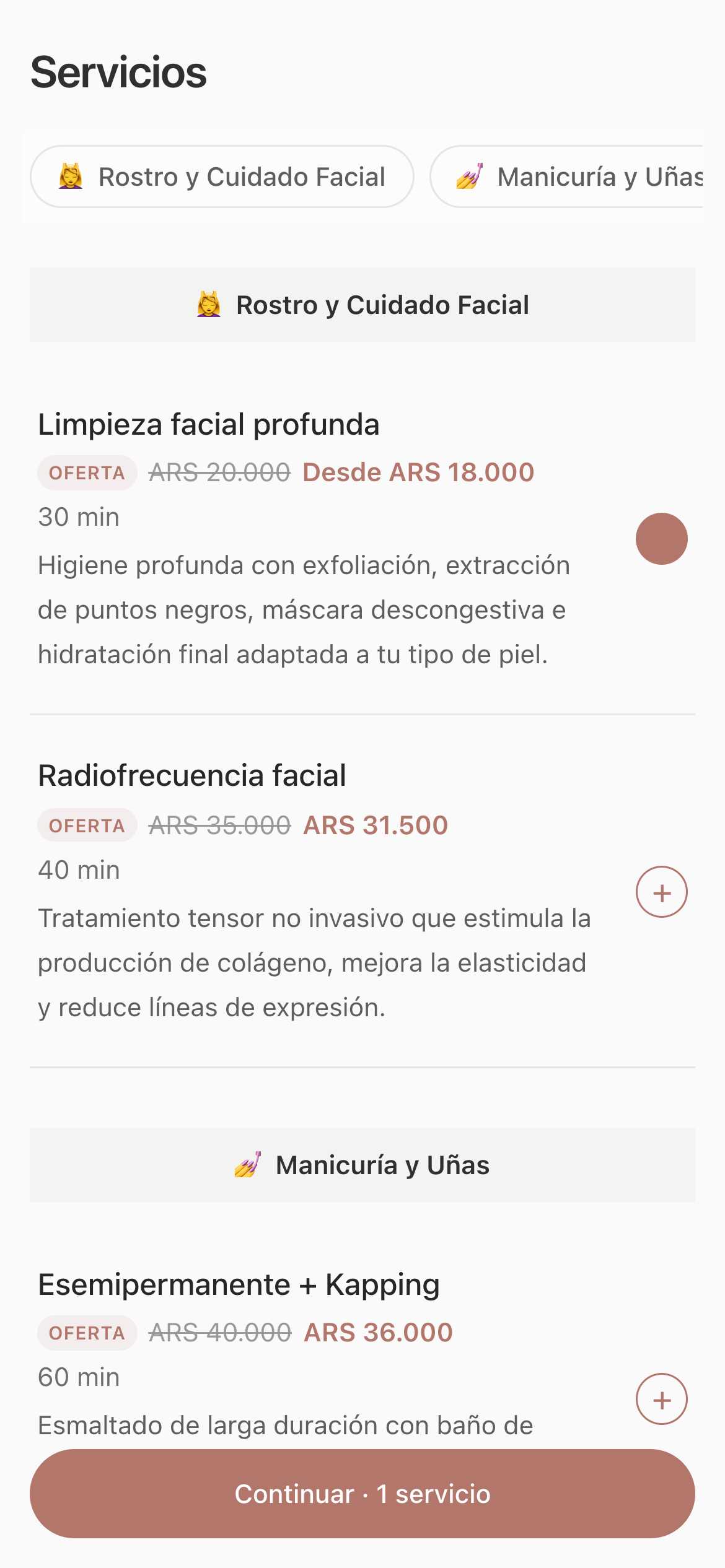 Selección de servicios